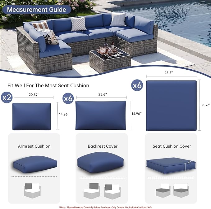 Aoxun 14pcs Patio Cushion Covers Replacement, Waterproof Outdoor Furniture Cushion Covers with Zipper and Non-Slip Bottom, Patio Sofa Couch 3 Sizes for Patio Sectional, Covers Only (Navy)