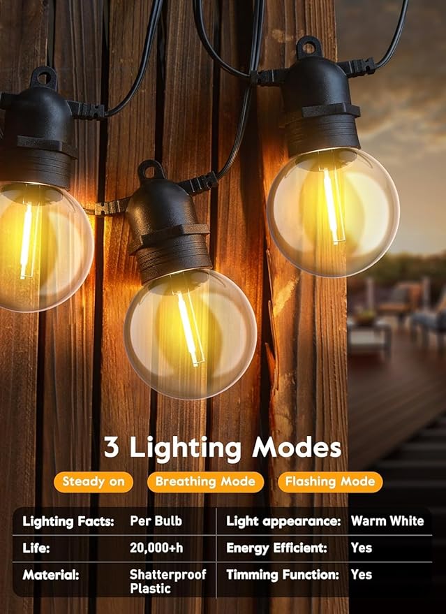 Brightown 34FT Outdoor Solar String Lights - LED G40 Pro Patio Energy Saving with 11 Shatterproof Bulbs, 3 Light Modes Waterproof Hanging Lights for Outside Garden Backyard Decor - Last for 20Hrs+