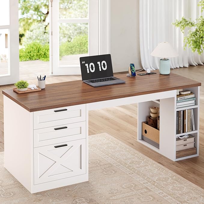 SEDETA 55.1" Farmhouse Office Desk with 3 Drawers, Executive Desk with File Drawer & Storage Shelves, Computer Desk with Power Outlet for Home Office, White and Brown