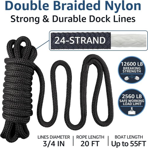 Boat Dock Lines - 3/4" x 20' Double Braided Nylon Ropes | Marine-Grade High Strength, Easy Handling - 2 Pack, Black