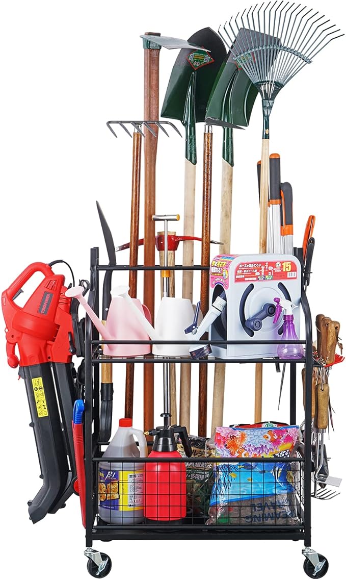 Mythinglogic Garden Alloy Steel Tool Organizer for Garage, Basketball Rack, Ball Storage with Baseball Bat Holder