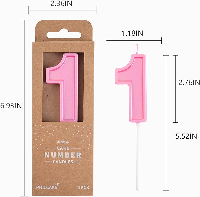 PHD CAKE 2.76 Inch Luxe Pink 1 Number Birthday Candles, Pink Number Candles, Cake Number Candles, Party Celebration