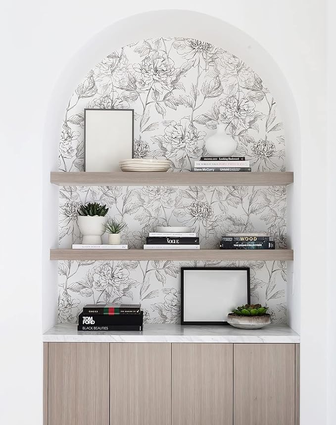 JiffDiff Floral Wallpaper Black & White Peel and Stick Vintage Peony Wall Paper