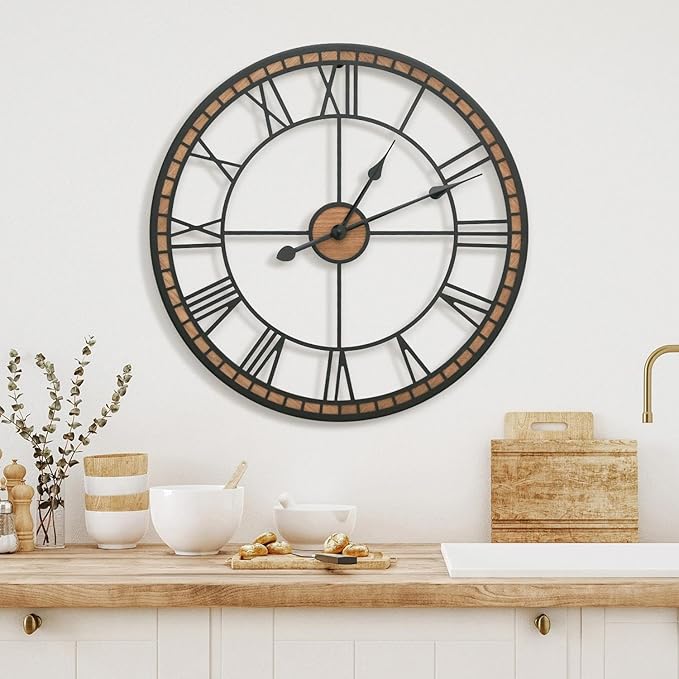 Micasso Large Farmhouse Wall Clock: 20 inch Modern Metal Black