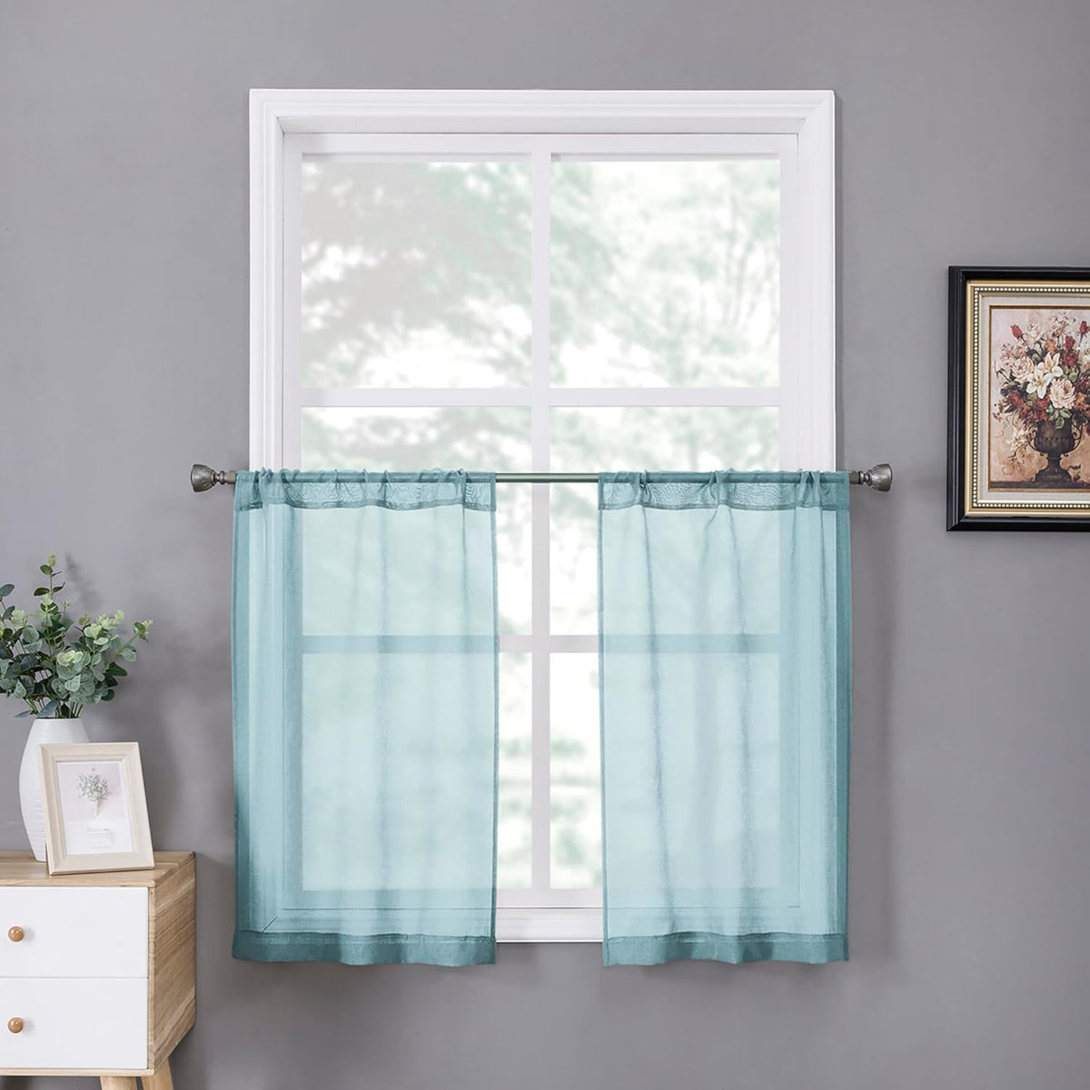 Tollpiz Sheer Tier Curtain Linen Textured Half Kitchen Curtains Sheer Light Filtering Rod Pocket Voile Small Curtains for Bathroom, 25 x 36 inches Long, Dusty Blue, Set of 2 Panels
