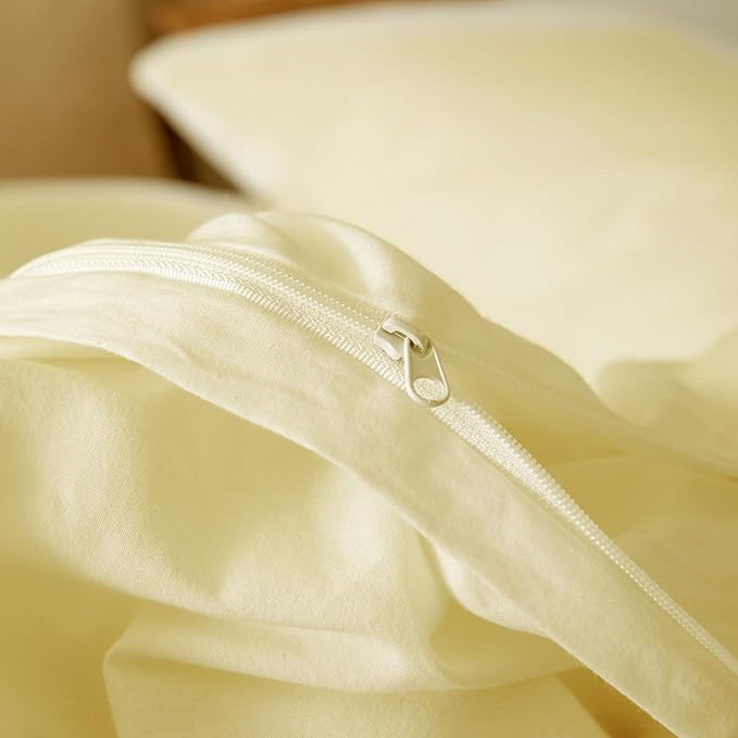 JIYUAN 100% Washed Cotton Duvet Cover Set 3 Pieces Full, 1 Duvet Cover 80x90 Inches(Comforter Not Included) and 2 Pillowcases,Linen Feel Bedding Set Comfy and Breathable,Light Yellow