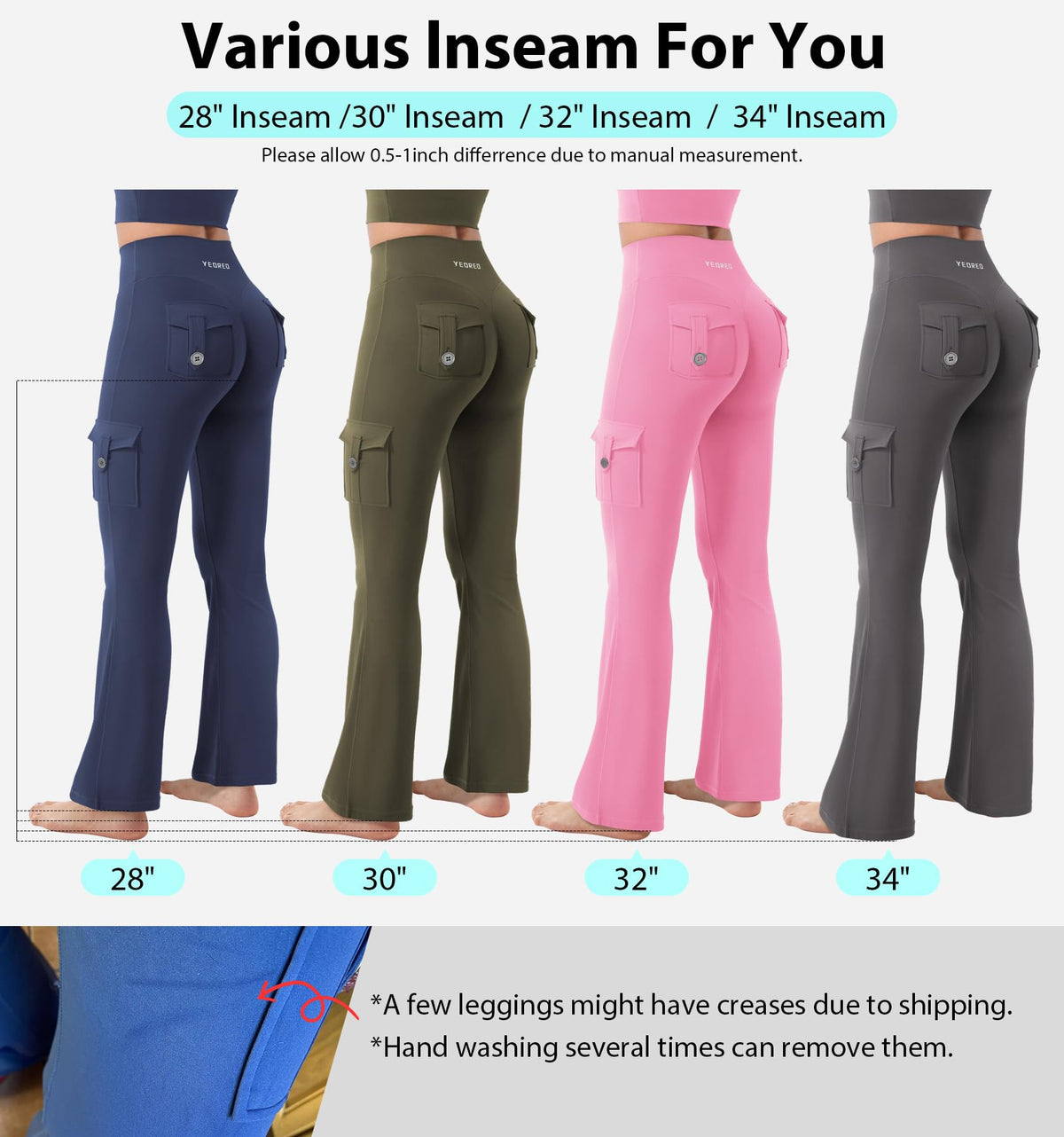 YEOREO CoreFlex Women Workout Flare Leggings with Pockets Hidden Scrunch High Waisted Cargo Gym Yoga No Front Seam Leggings Navy M