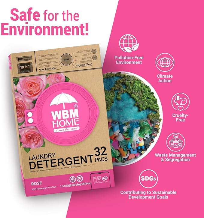 WBM 10-in-1 Laundry Detergent Pods, Ultra Concentrate, Powerful Stain Lifter, Fabric Softener, Rose Scent, 32 Count, HE Compatible, Eco-Friendly, Gentle