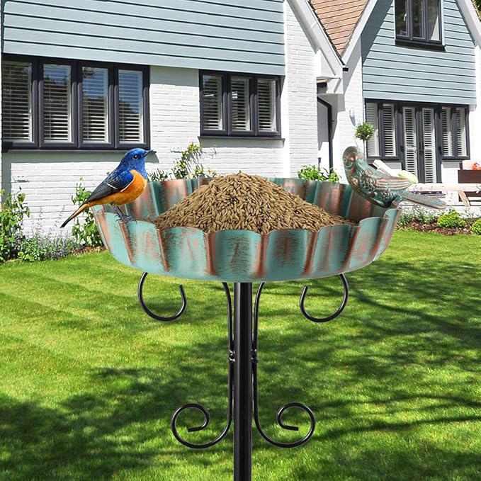Metal Outdoor Bird Bath,11.6 Inch Standing Birdbath & Birdfeeder for Outside with 4 Prongs Base Stake,Garden Bird Baths for Yard Lawn Decor