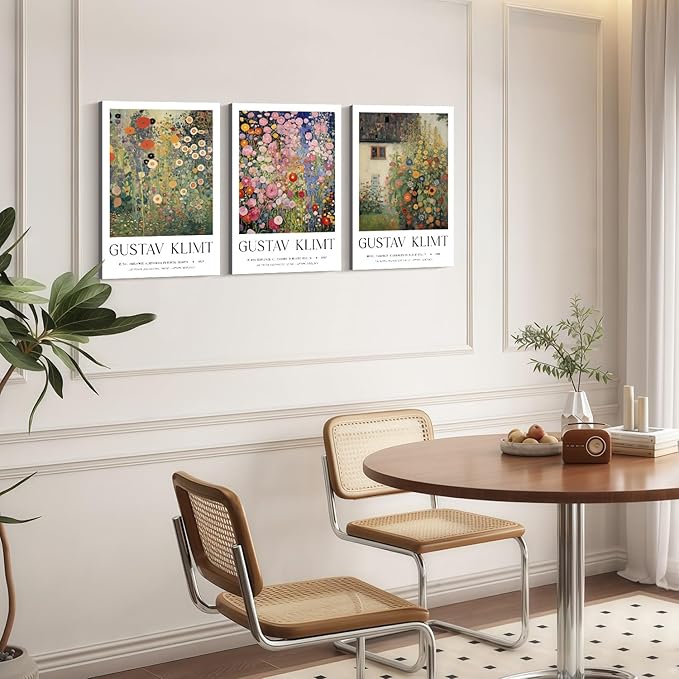 Framed Gustav Klimt Canvas Wall Art Colorful Floral Poster Picture Vintage Countryside Painting Nature Landscape Modern Home Print Living Room Gallery Office Ready to Hang 12x16 Inch x3
