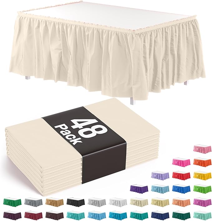 Exquisite Ruffle Table Skirt Ivory 48 Pack 14 Ft Long Table Skirts for Rectangle Tables 6ft Plus or Round Tables Skirts with Adhesive Strip for Gender Reveal Decor & Happy Birthday Parties