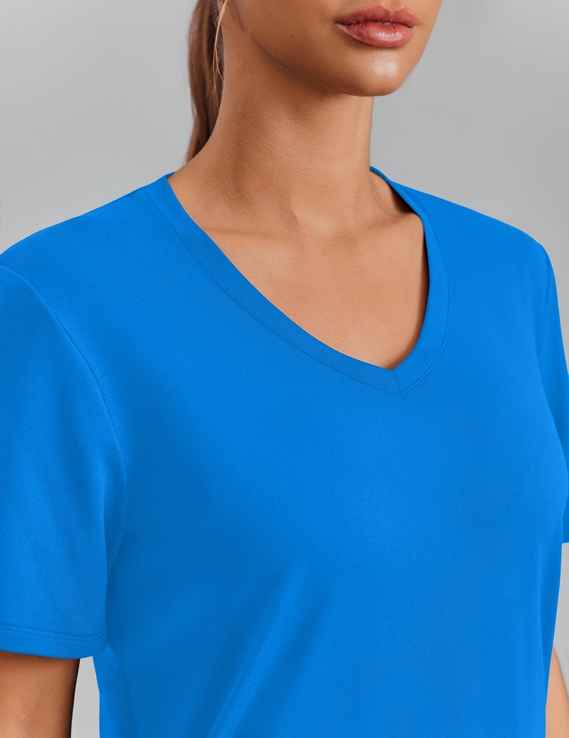 PINSPARK Quick Dry Workout Tops for Women Short Sleeve V Neck Moisture Wicking Athletic Gym Shirts Running Hiking T-Shirts,Sparkle Blue X-Large