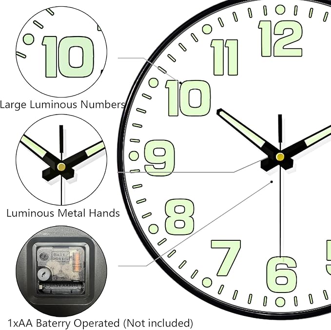 12 Inch Silent Wall Clocks Battery Operated, Glow in The Dark Wall Clock
