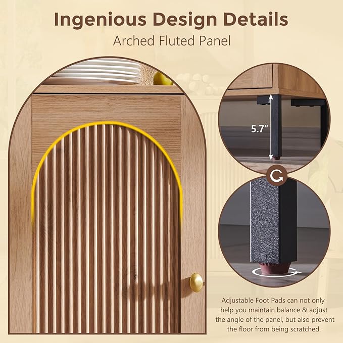 Modern Buffet Cabinet with Storage, 123.5" W Fluted Arched Sideboard Cabinet w/Adjustable Shelves, Wooden Modular Coffee Bar for Dining Room, Kitchen, Living Room, Entryway, Natural