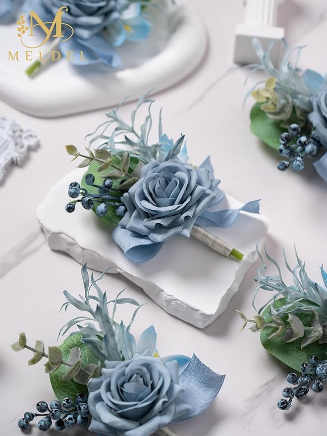 Meldel Dusty Blue Rose Boutonniere for Men,Set of 6,Groomsmen Groom Boutonnieres for Wedding Corsage Ceremony Anniversary, Formal Dinner Party, Fall Vintage Rustic Marriage Prom Flower