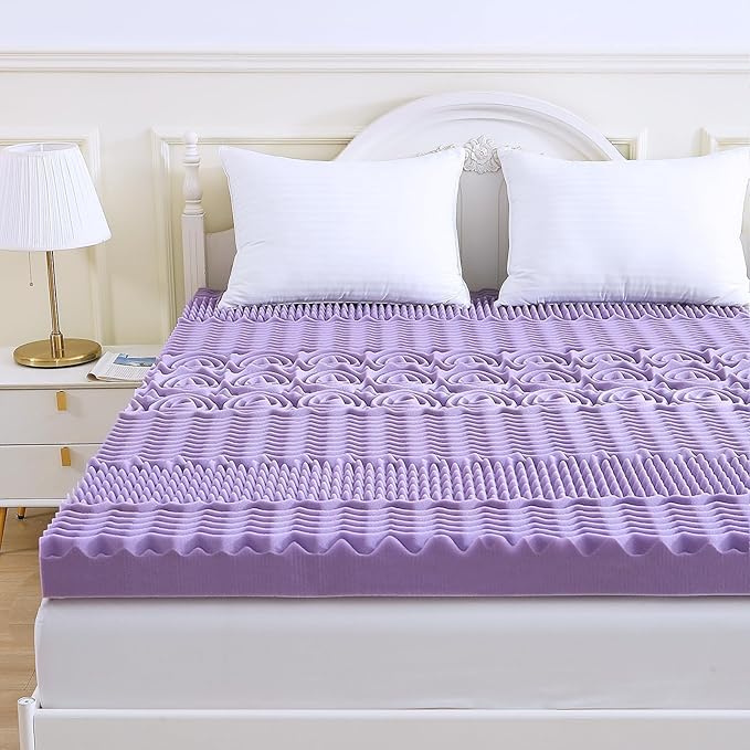 MUXHOMO 3 Inch 7-Zone Queen Mattress Topper, Egg Crate Foam Mattress Topper Queen Size for Back Pain, Lavender Cooling Gel Infused Bed Pad, CertiPUR-US and Oeko-TEX Certification (60"×80")