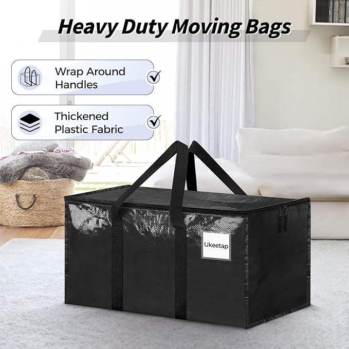 16 Pack Extra Large Heavy Duty Moving Bags, Black Storage Bins with Lids, Reinforced Handles & Heavy-Duty Zippers Moving Boxes Storage Bags Totes for Clothes Packing, Dorms, College Supplies, Black