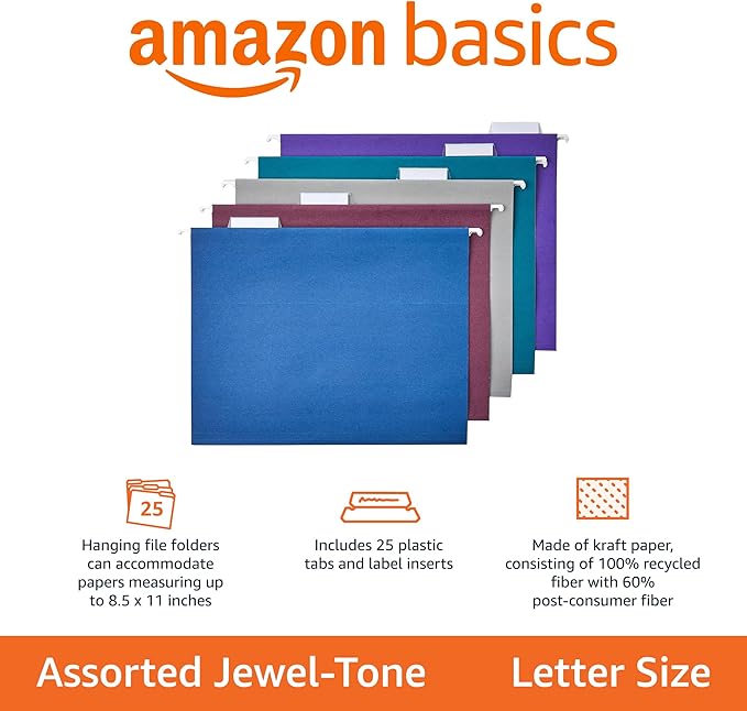 Amazon Basics Hanging File Folders with Adjustable Tabs for Document Organization, Letter Size, Assorted Jewel-tone Colors, 25-Pack