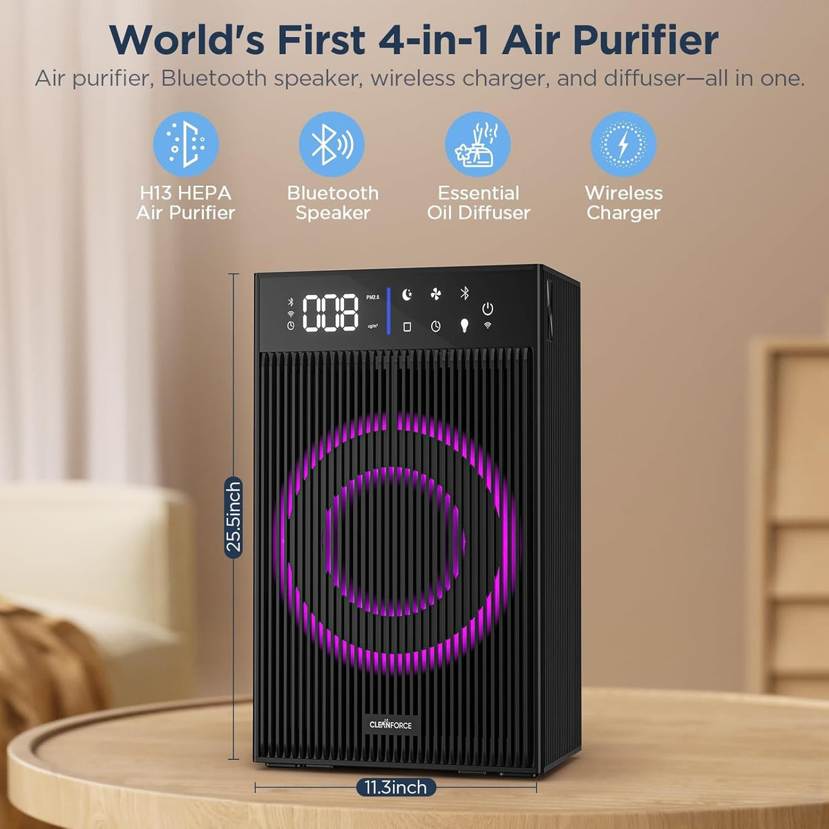 CleanForce Cube | 4-in-1 Desk Organizer with Air Purifier, Wireless Charger, Bluetooth Speaker & Cordless Diffuser | for Home Office, Bedroom | FCC Certified | Quiet & Space Saving