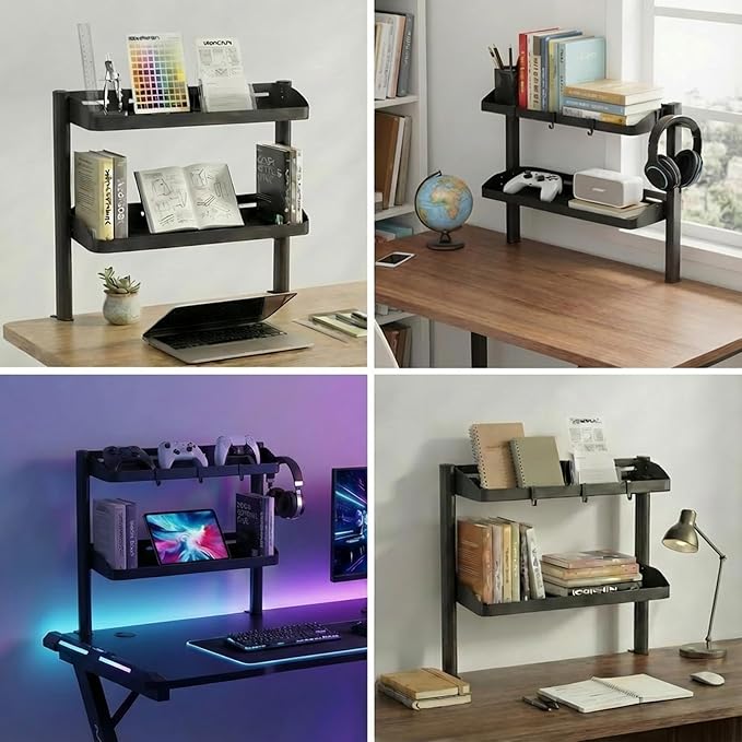 Clamp on Desk Shelf, 2-Tier Office Desk Shelves Organizer, 17in Small Shelf for Top of Desk with Headphone Holder and Hooks, Desktop Storage Rack for Home Workspace, Study Rooms, Gaming Accessories