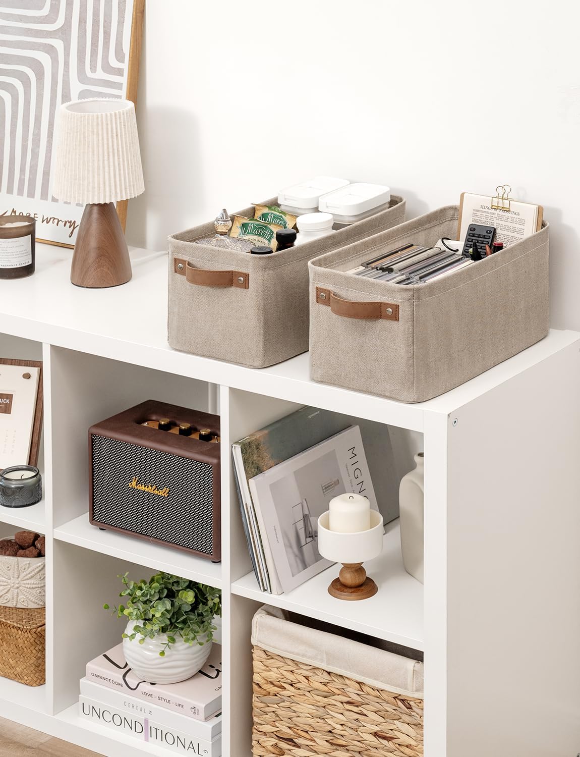 StorageWorks Narrow Storage Bins, Small Basket for Closet and Shelves, Rectangular Fabric Organizer with Handles, Toilet Paper Storage, Brown and Beige, 2-Pack