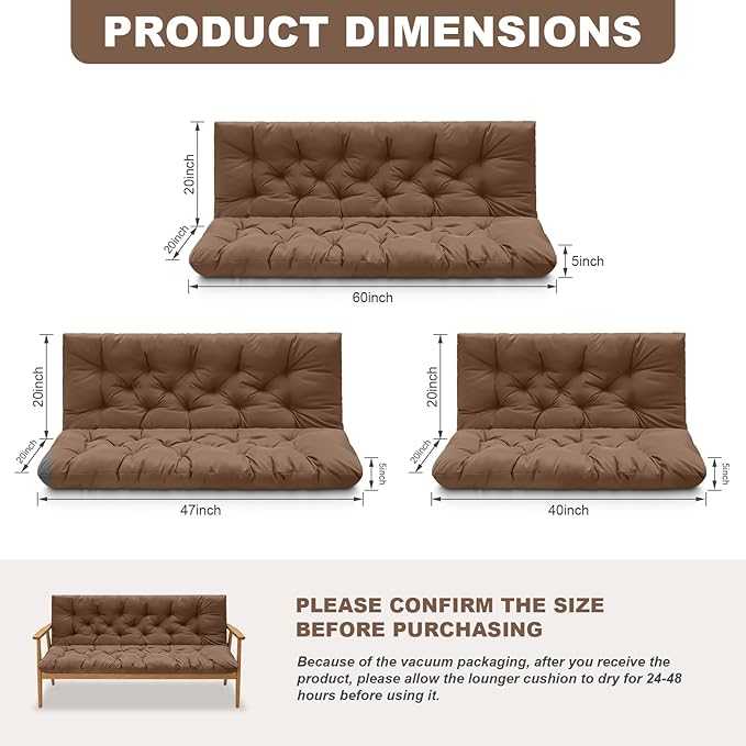 Porch Swing Cushions,Outdoor Cushions 3 Seater Replacement with Backrest, Waterproof Thickened Bench Cushion with Ties for Porch, Patio,Outdoor, Backyard and Garden(Coffee 60 * 40 in)