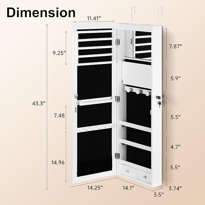 Mirror Jewelry Cabinet, Wall/Door Mounted Jewelry Armoire