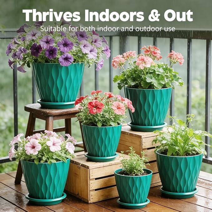 Plant Pots, Self Watering Planters with Drainage Holes and Trays, Flower Pots for Indoor Outdoor - 6 Pack(4/5/6/6.5/7/8 Inch) (Dark Green)