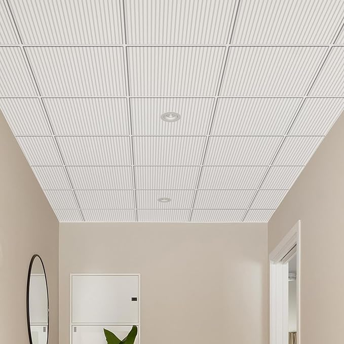 12 PCS 2ft x 2ft PVC White Slat Decorative Ceiling Tiles, Fluted Drop Ceiling