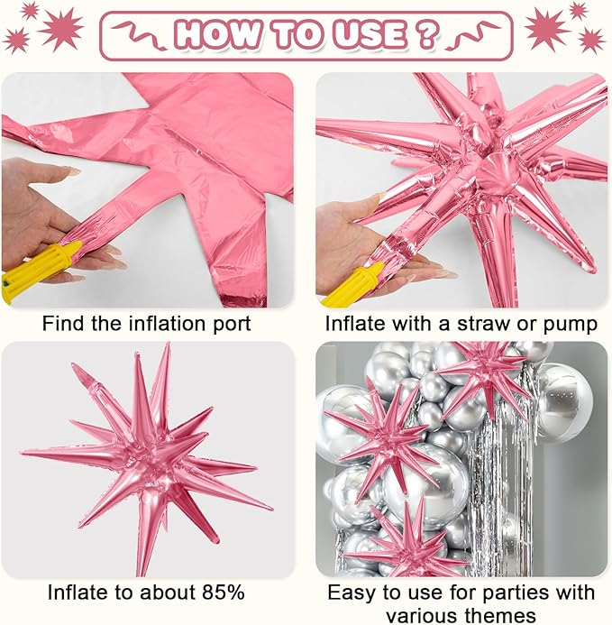 Pink Green Black Star Balloons,9Pcs 22Inch Pink Green Explosion Spike Cone Helium Star Foil Balloons for Witch Birthday Anniversary Disco Party Decorations