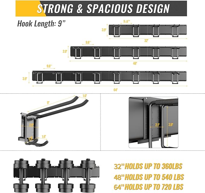 BJONKZ Garage Tool Rack Wall Mount – 48 inches Heavy-Duty Garden Tool Holder with 6 Adjustable Hanging Hooks – Garage Wall Storage Organizer for Shovel, Rake – Max Load 540 lbs (48 inch)