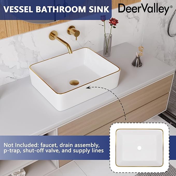 DeerValley 19x15 Inch Rectangular Vessel Sink, White Ceramic Bathroom Sink with Gold Trim, Above Counter Modern Basin, DV-1V0365