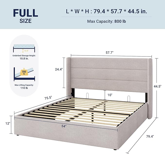 Allewie Full Size Lift Up Storage Bed, Modern Wingback Headboard, Hydraulic Support, No Box Spring Needed, Light Beige
