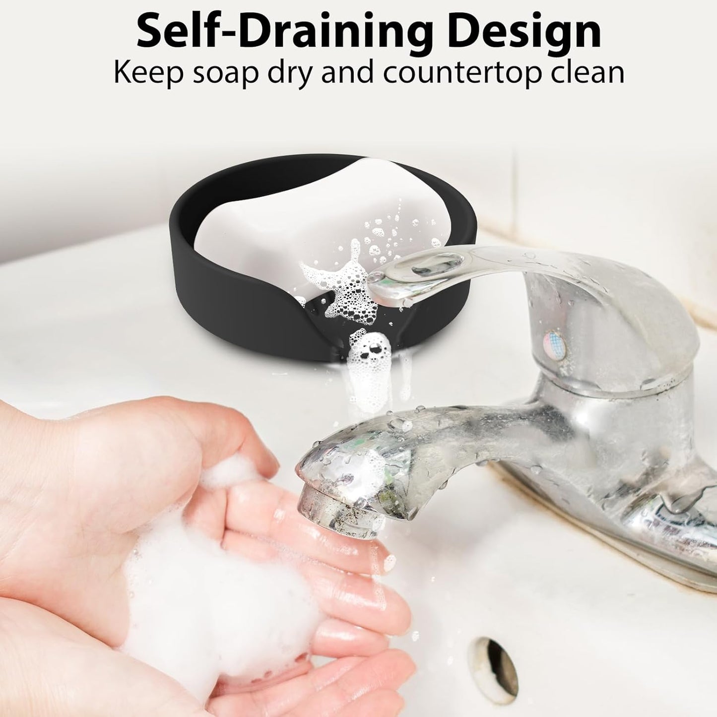 Self Draining Soap Dish, Silicone Suction Cup Soap Holder Tray Savers Container Sponge Holder for Bar Bathroom Shower Kitchen Sink, Can Extend Soap Life (2, Black)