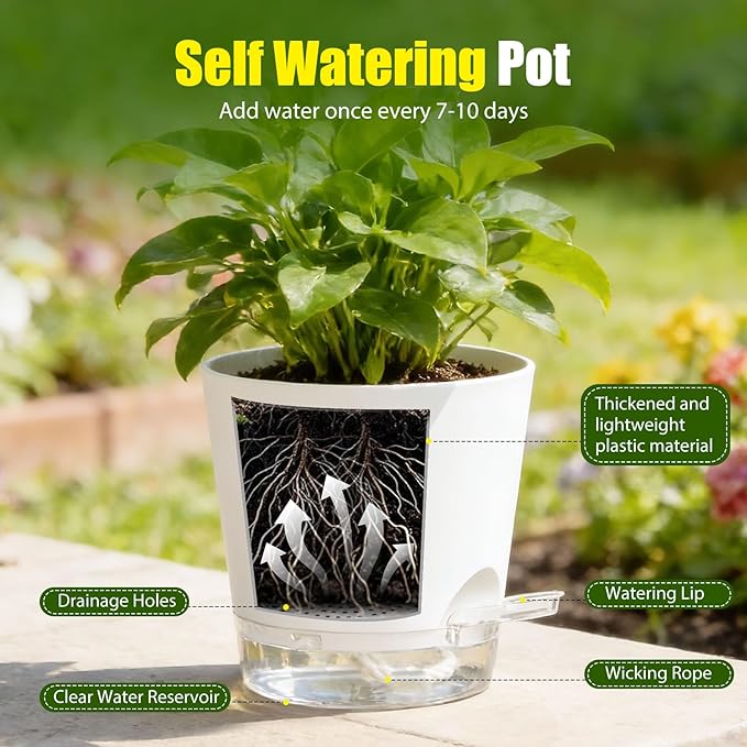 Plant Pots 4/5/5.5/6/6.5/7 Inch Self Watering Pots, 6 Pack Plastic Planters with Drainage Holes and Clear Saucers,Plastic Flower Pots,Nursery Planting Pot for Indoor Out Door Plants(White)