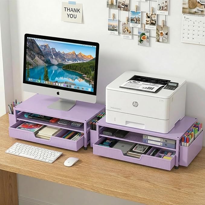 Desk Organizer and Accessories, 2-Tier Computer Monitor Stand Rise with Storage Drawer & 2 Pen Holders, Laptop & Printer Stand for Desktop, Workspace Organizers for Office Supplies (Purple)