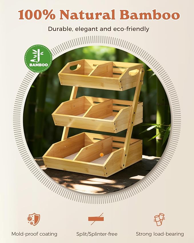 3 Tier Large Bamboo Fruit Basket for Kitchen Counter with 2 Banana Holders, Kitchen Countertop Organizer with Protective Mats, Tiered Fruit Bowl for Bread Snack Veggies with Dividers