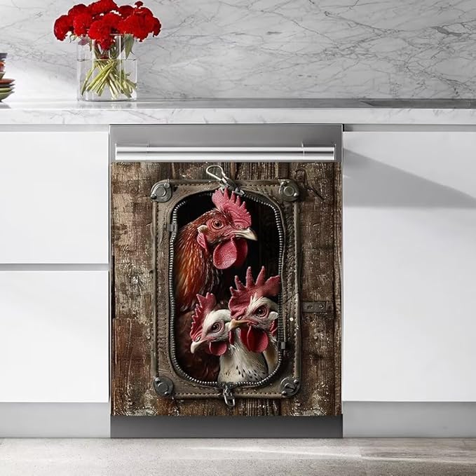 Wood Board and Rooster Wallpaper Dishwasher Magnet Cover,Fridge,Refrigerator Magnetic Panel Decals,Home Appliances Cabinet Magnets Sticker 23W x 17H inchs