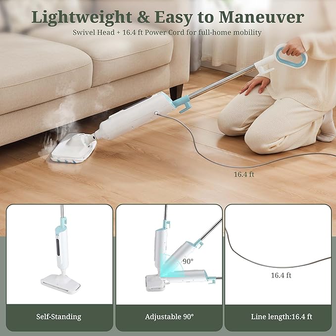 Steam Mop for Floor Cleaning, Lightweight Floor Steamer for Hardwood, Tile, Laminate & Carpet, Quick-Heat Steam Cleaner with Visible Water Tank and 2 Washable Pads, White and Green