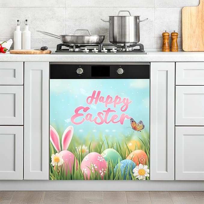 NYZE Easter Dishwasher Magnets Cover, Bunny Dishwasher Magnetic Sticker Decorative, Reusable Dish Washer Cover for Dishwashers (Happy Easter)