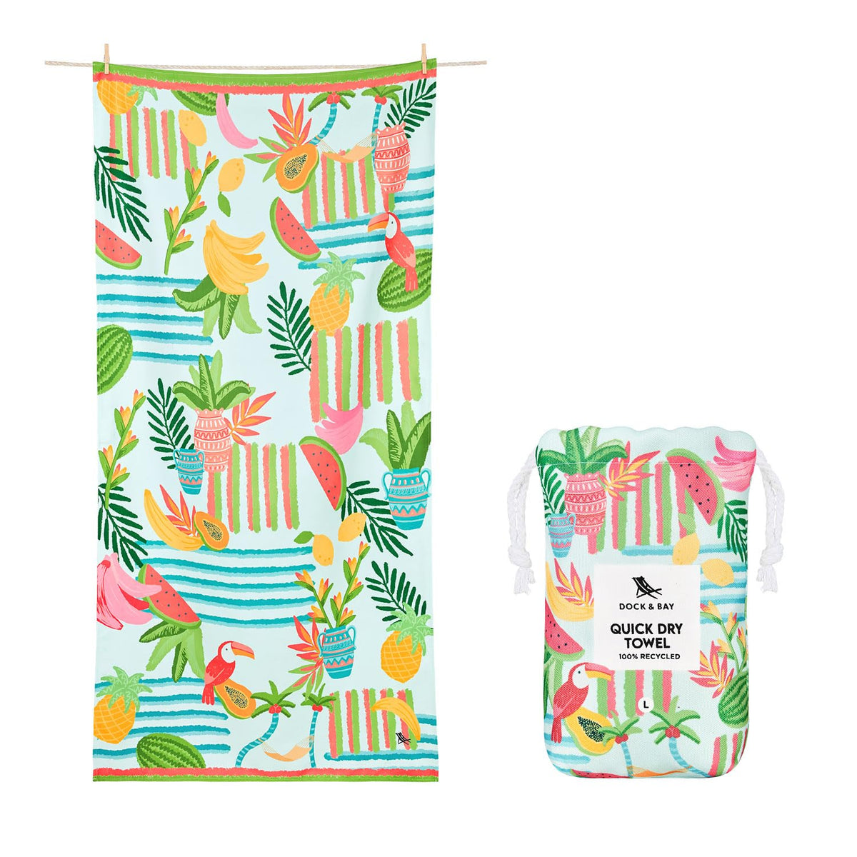 Dock & Bay Beach Towel - Quick Dry, Sand Free - Compact, Lightweight - 100% Recycled - Includes Bag - Tropicana Treat - Extra Large (200x90cm, 78x35)