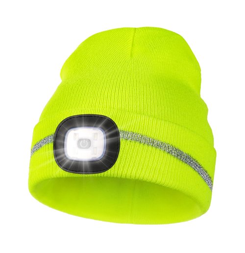 MELASA Reflective Stripe LED Beanie Safety High Visibility Winter Thermal Knitted USB Rechargeable Hat with Light Built in Suitable Outdoor Work Sports Gifts for Men Dad Fluorescent Yellow