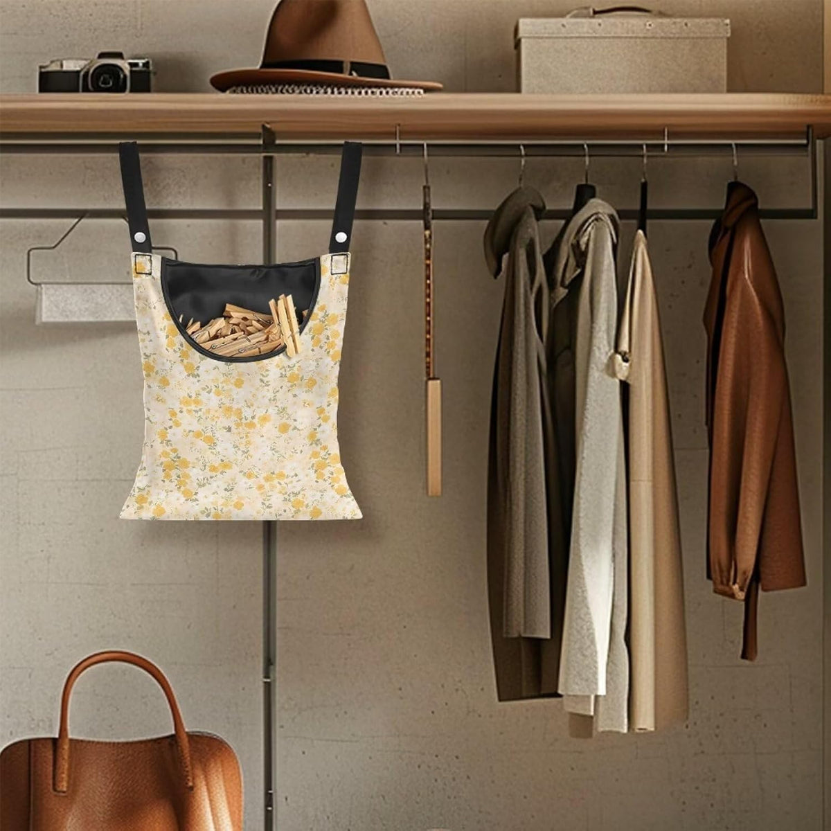 Clothespin Bag with Large Capacity for Mini and Wooden Clothespins with Large Opening Storage Organizer Laundry Hanging Bag - Floral Pattern