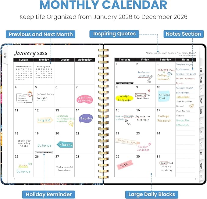 2026 Planner, Weekly and Monthly Planner for Women, Jan 2026 - Dec 2026 Pretty 2026 Calendar Planner with Monthly Tabs, Inner Pocket, Spiral Binding, Perfect for Office Home School - 6.3" x 8.5", Floral Galaxy