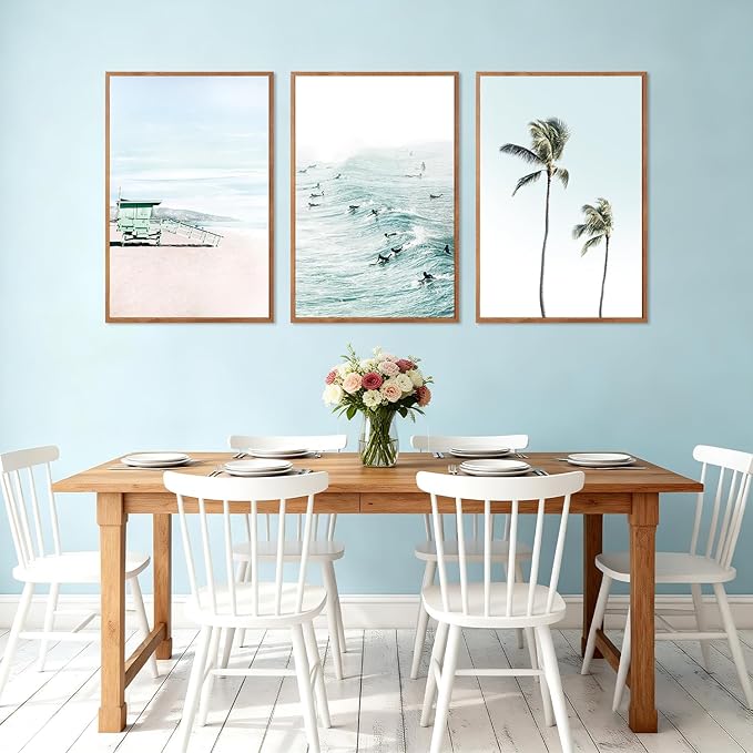 CHDITB Coastal Framed Canvas Wall Art, Beach Surfing Posters, Neutral Palm Tree Ocean Decor, Summer Vacation Artwork Tropical Seaside Painting for Home Living Room Coastal Bedroom 24"x36"x3