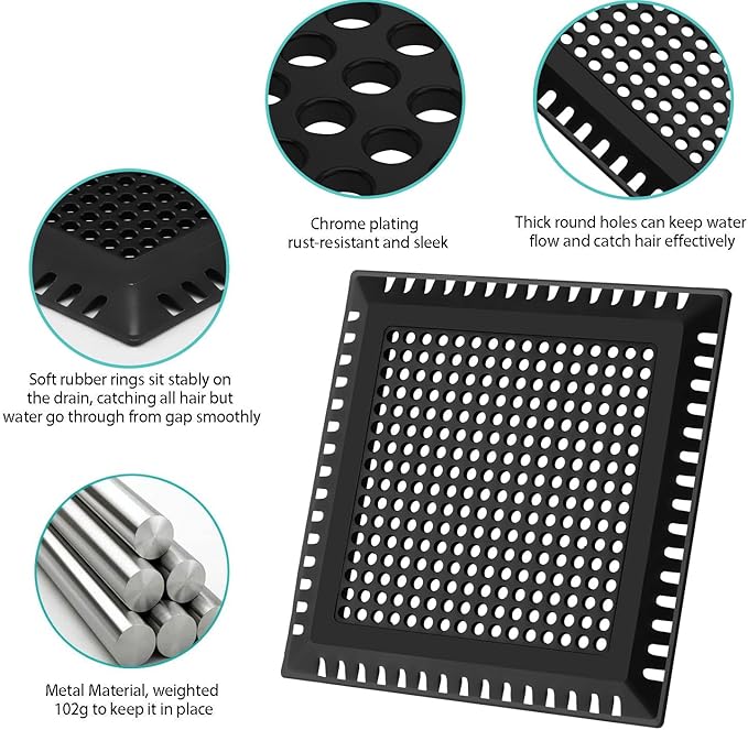 Drain Hair Catcher/Drain Strainer/Square Shower Drain Cover for Bathroom Floor Drain, Stainless Steel and Silicone Hair Stopper (Patented Product)
