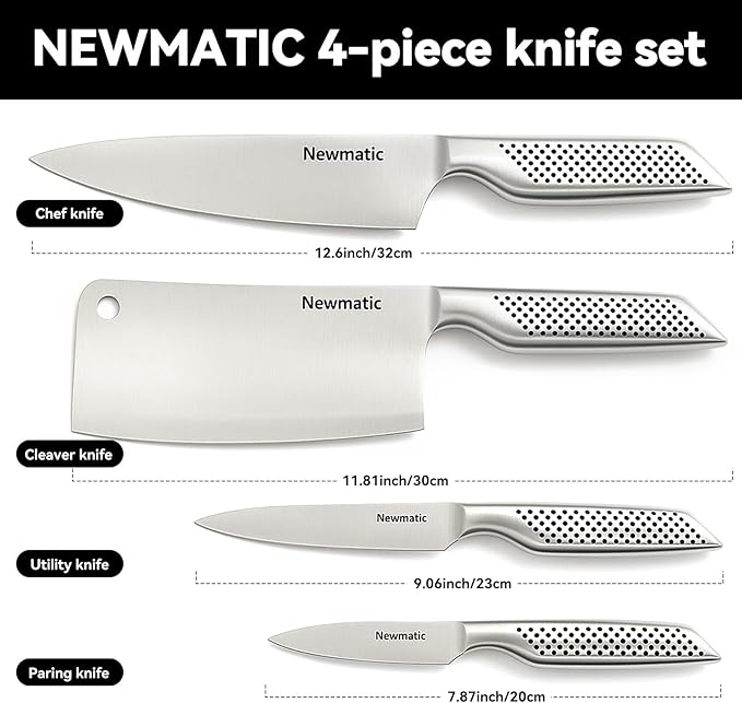 NEWMATIC 4-Piece kitchen knife set, stainless steel shef's knife set & sleaver with siamond sut technology - integrated molding design for home cooking