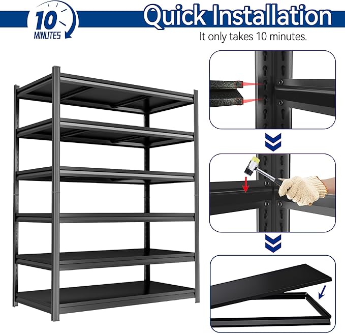 6 Tier Metal Garage Shelving Unit 82" H Storage Shelves Adjustable Heavy Duty Utility Rack Shelf Organizer Units and Storage Rack Renter Friendly Black Shelves