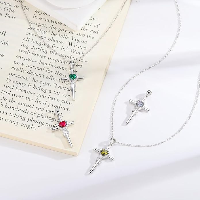 Iefil Cross Necklace for Women - 925 Sterling Silver Birthstone Necklace Jewelry Gifts for Women Wife