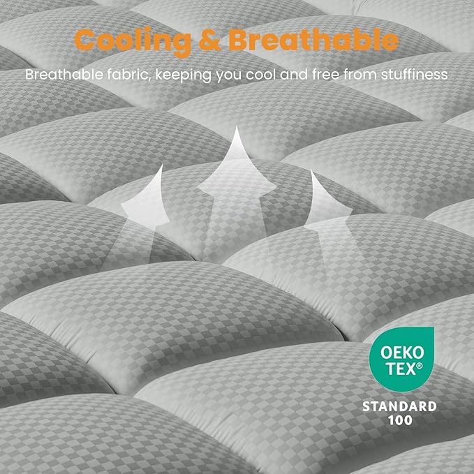 MATBEBY Queen Size Mattress Pad - Cooling Breathable Mattress Topper, Quilted Fitted Mattress Protector, Pillow Top Mattress Cover with 8-21" Deep Pocket, Machine Washable, Light Grey, 60x80 Inches